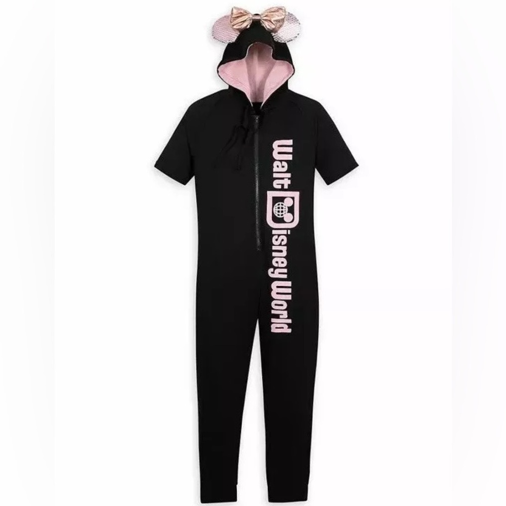 Walt Disney World One-Piece Romper PJs Hooded Black/Rose Gold Bow Ears Small